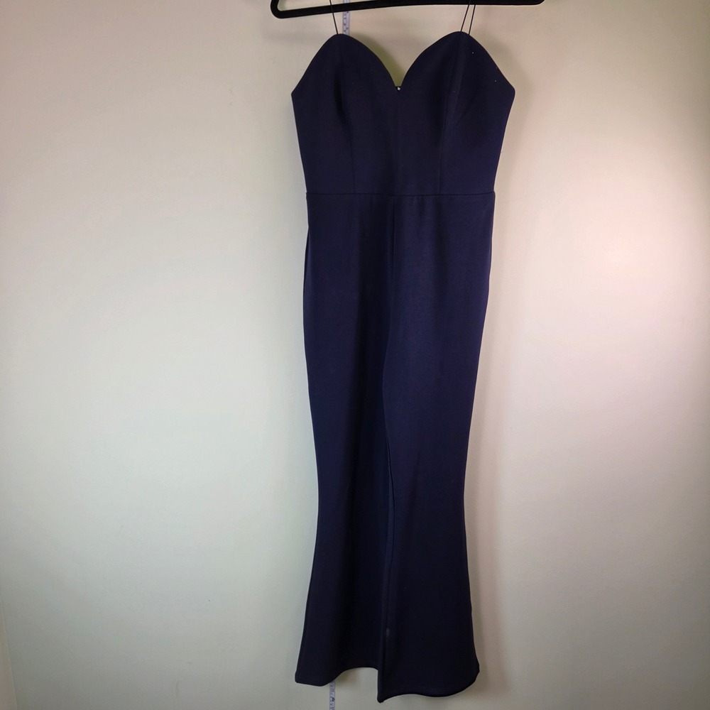 Navy Blue Sweetheart Neckline Spaghetti Strap Wide Leg Jumpsuit Formal Evening